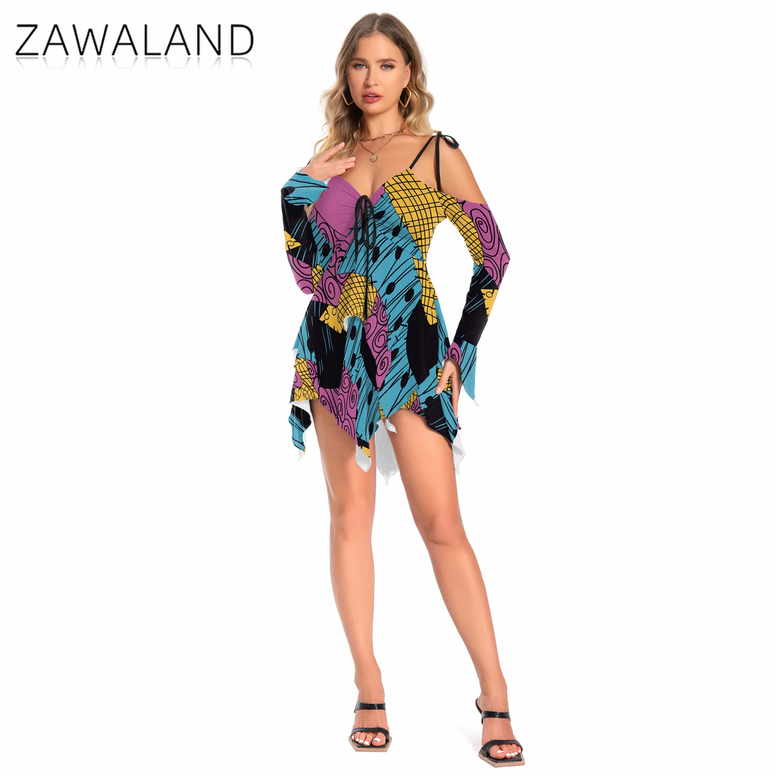 

Sally Irregular Cosplay Costume Halloween Party Sexy Lace up Dresses Woman Adult Fashion Printing Skirt Carnival Festival Outfit