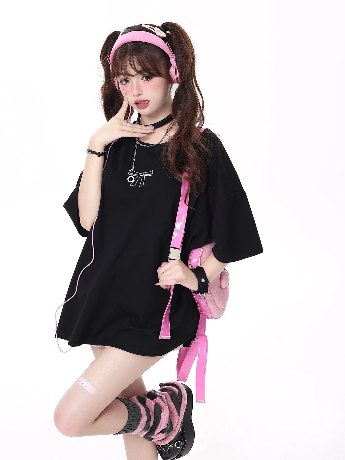 Japan Style Sweet Woman Bow Bandage  Oversized T Shirt Original 2023 Summer New Loose Cute Cool Black Midi T-shirts for Student