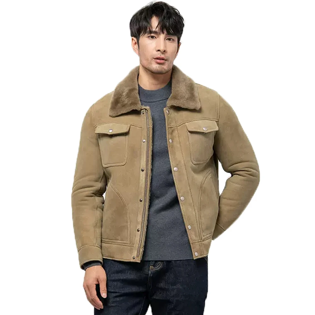 

Denny&Dora Mens Khaki Shearling Jacket Suede Shearling Jacket Thick Warm Winter Lapel Collar Men Coats