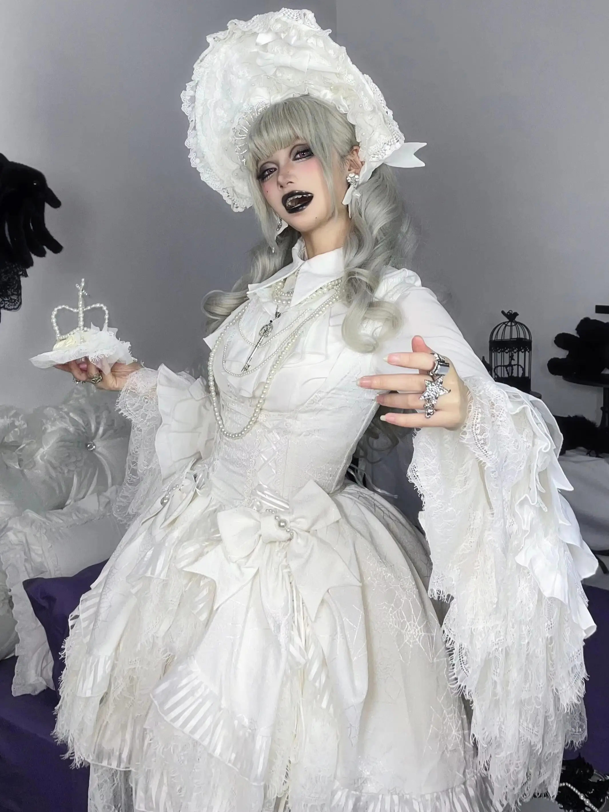 Gorgeous Gothic Oversized Princess Sleeves Stand Collar Ruffle Shirts Slim Fit Inner Blouse Lace Bow Lolita Y2k Women Top