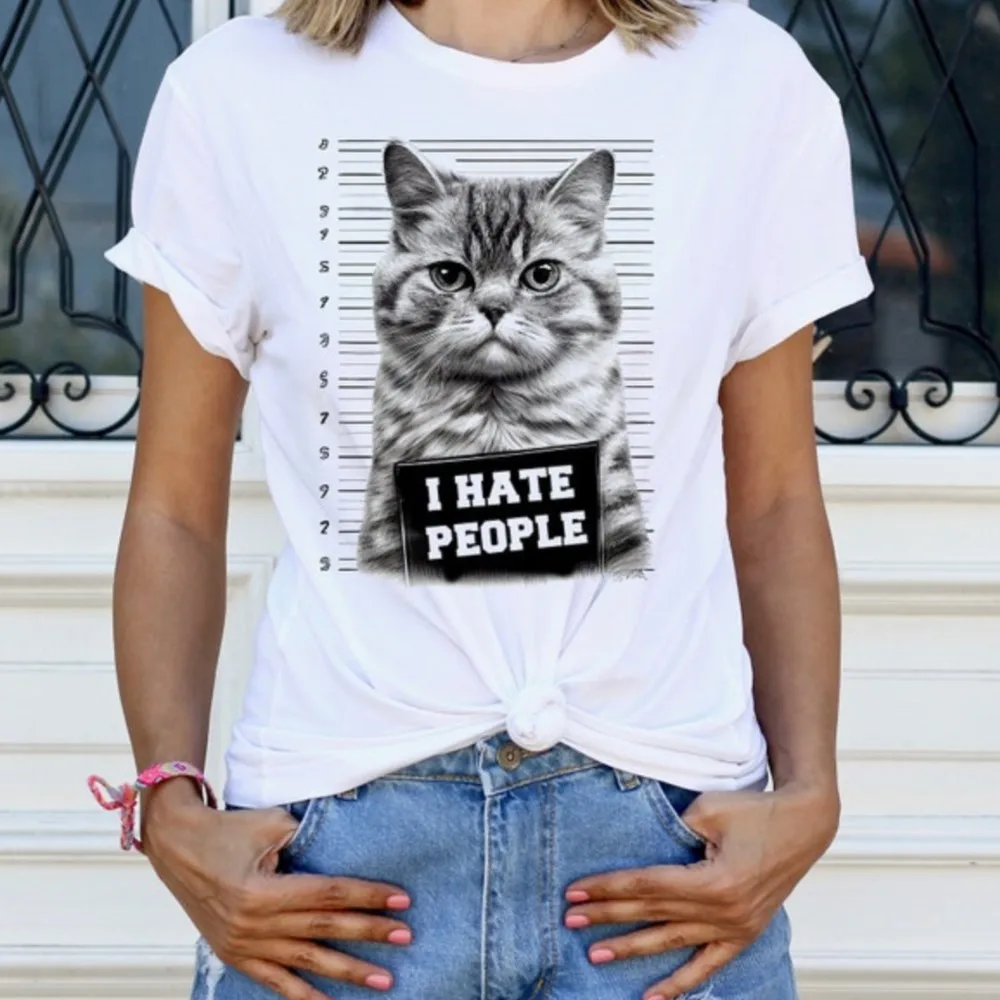 Funny Cat T-shirts Hilarious Feline Felon Mugshot T Shirts Unisex Animal Graphic Tees Tops Cool Fashion Cotton Blouses