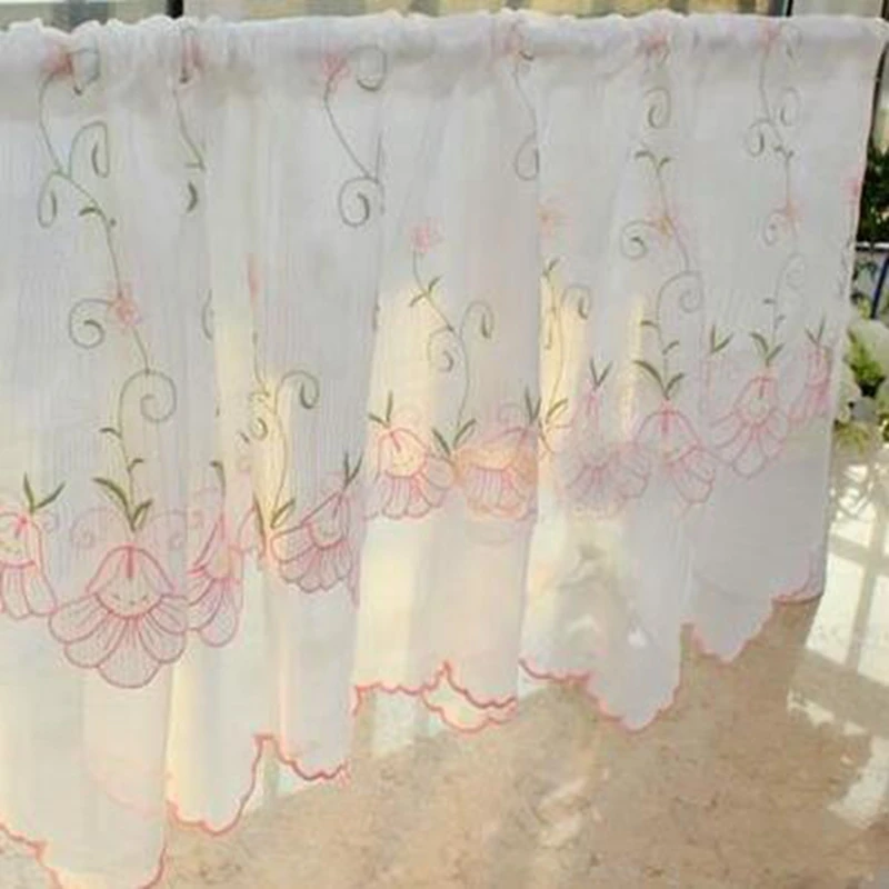 Double fresh embroidered coffee curtain small half curtain kitchen curtain cabinet door lintel through rod curtain