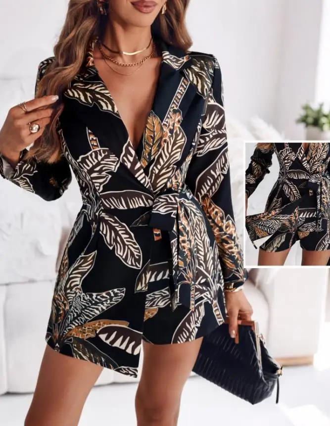 

Tropical Print Stand Up Collar Long Sleeved Jumpsuit Casual Lace Up Detail Sports Jacket Jumpsuit Shorts
