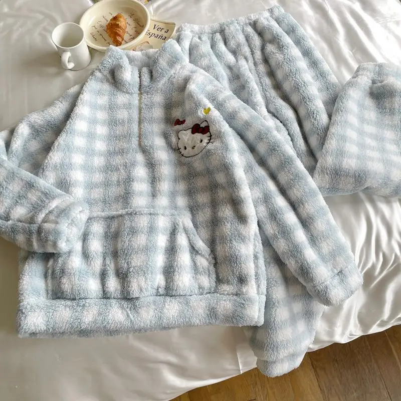 

Мягкая пижама из кораллового флиса для девочек на зиму, утепленная, с большими карманами, на молнии, с Hello Kitty, домашняя одежда, которую можно носить на улице