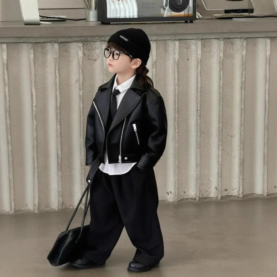 New Kids' Motorcycle Leather Jacket Stylish Spring/Autumn Biker Coat for Boys & Girls Fashionable Short Jacket
