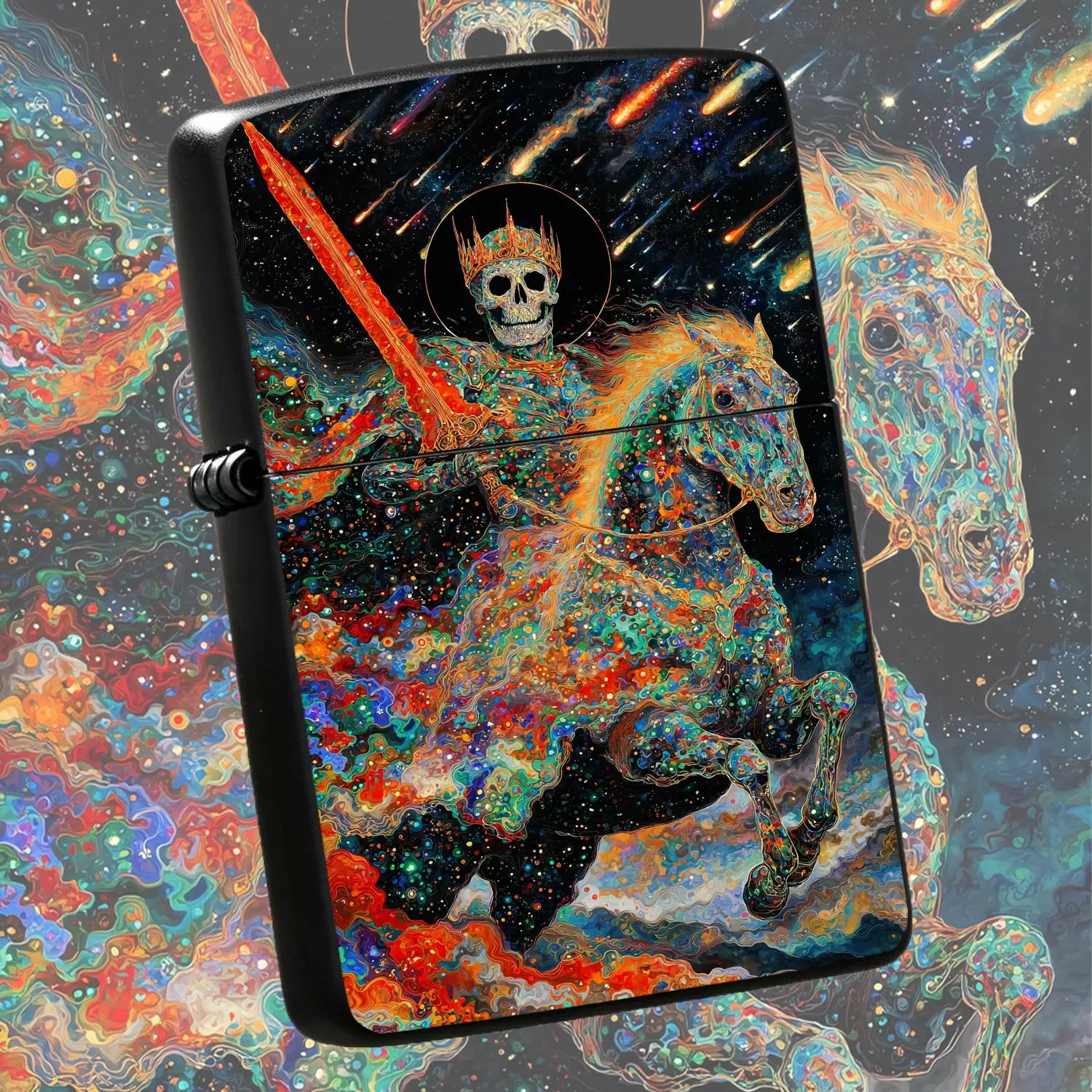 Psychedelic Cosmic Skeleton Knight Lighter, Artistic Golden Crowned Spectral Horseman Design, Vibrant Meteor Starry Sky Decor, Ideal Unique Gift For Daily Use, Fits All Scenarios As Decorative Accessory A Humorous And Interesting Lighter