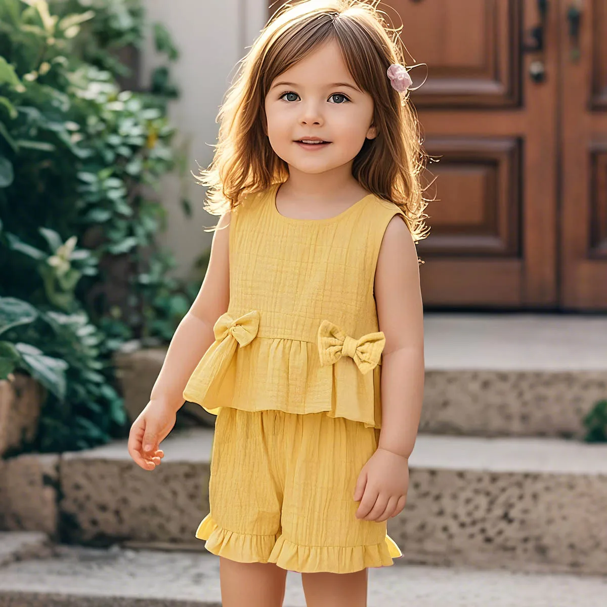 2 Pcs Sets Kids Solid-Colour Round-Neck Sweet and Cute Two-Piece Sleeveless Top and Casual Shorts Set