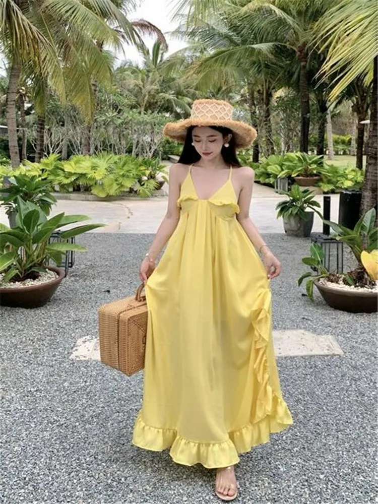 

Summer Sexy V Neck Yellow Suspender Long Dress Holiday Fashion Backless A Line Strap Dress Ruffles Fairy Seaside Beach Dress