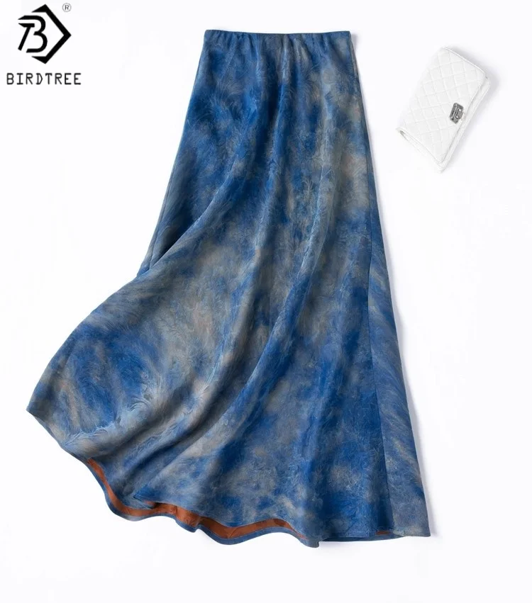 

Birdtree 100% Mulberry silk Blunt Blue Skirt,Women Xiangyun Yarn Bias-cut Elastic Waist Fishtail Dresses,2025 New D57048JF