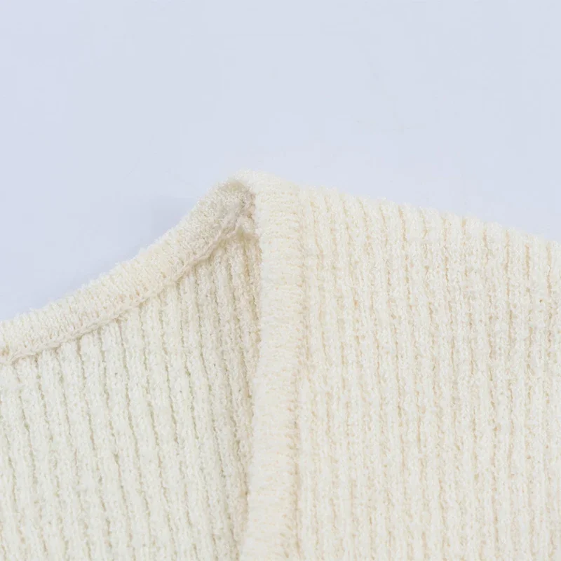 Women Ribbed Short Cardigan Diagonal Silver Shell Button Long Sleeve Irregular Neck Slim Knit Coat Daily Casual Sweater