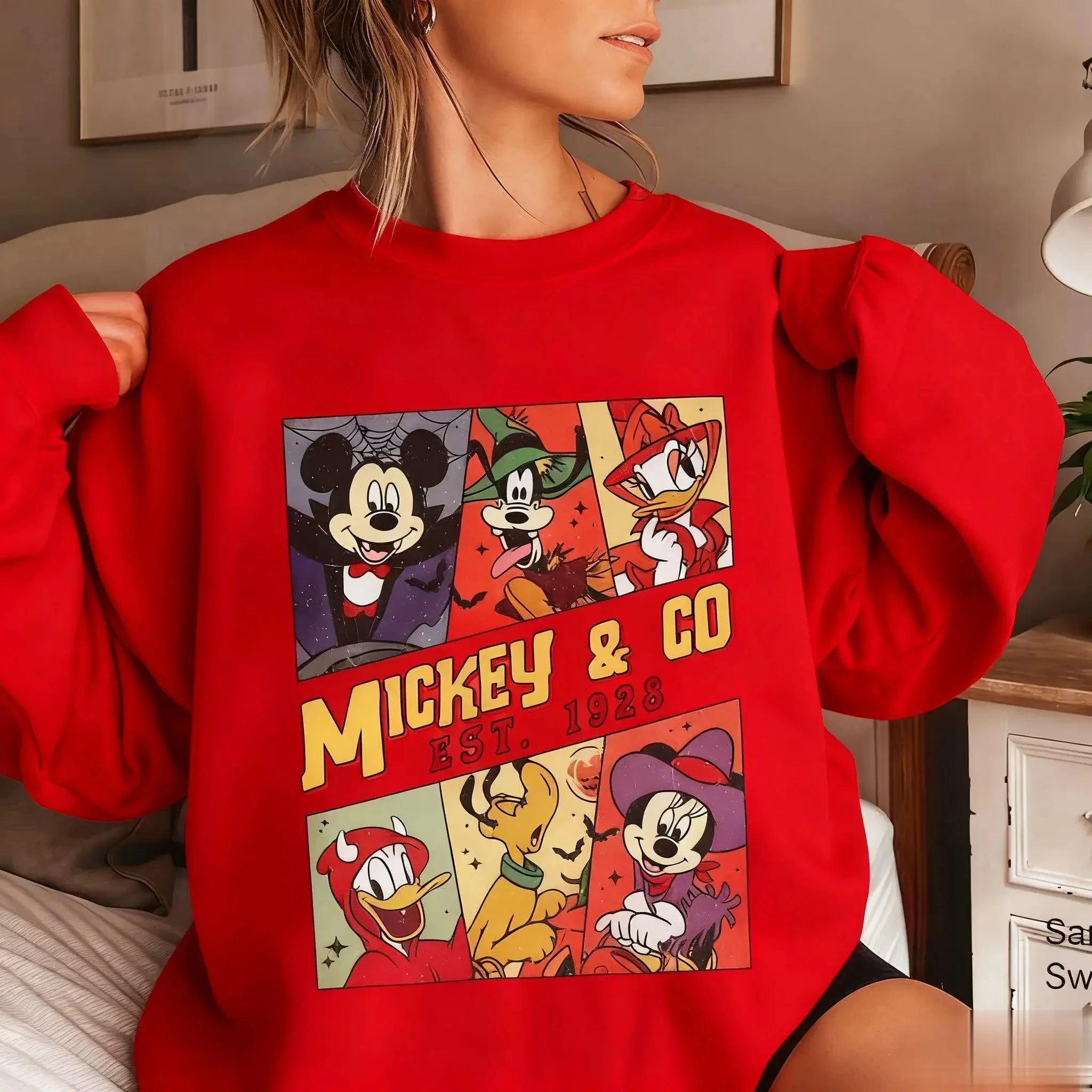 ميكي ماوس ديزني خمر طباعة كم طويل قميص المرأة رداء علوي غير رسمي Crewneck البلوز البلوز الشارع الشهير سترة Y2k الخريف