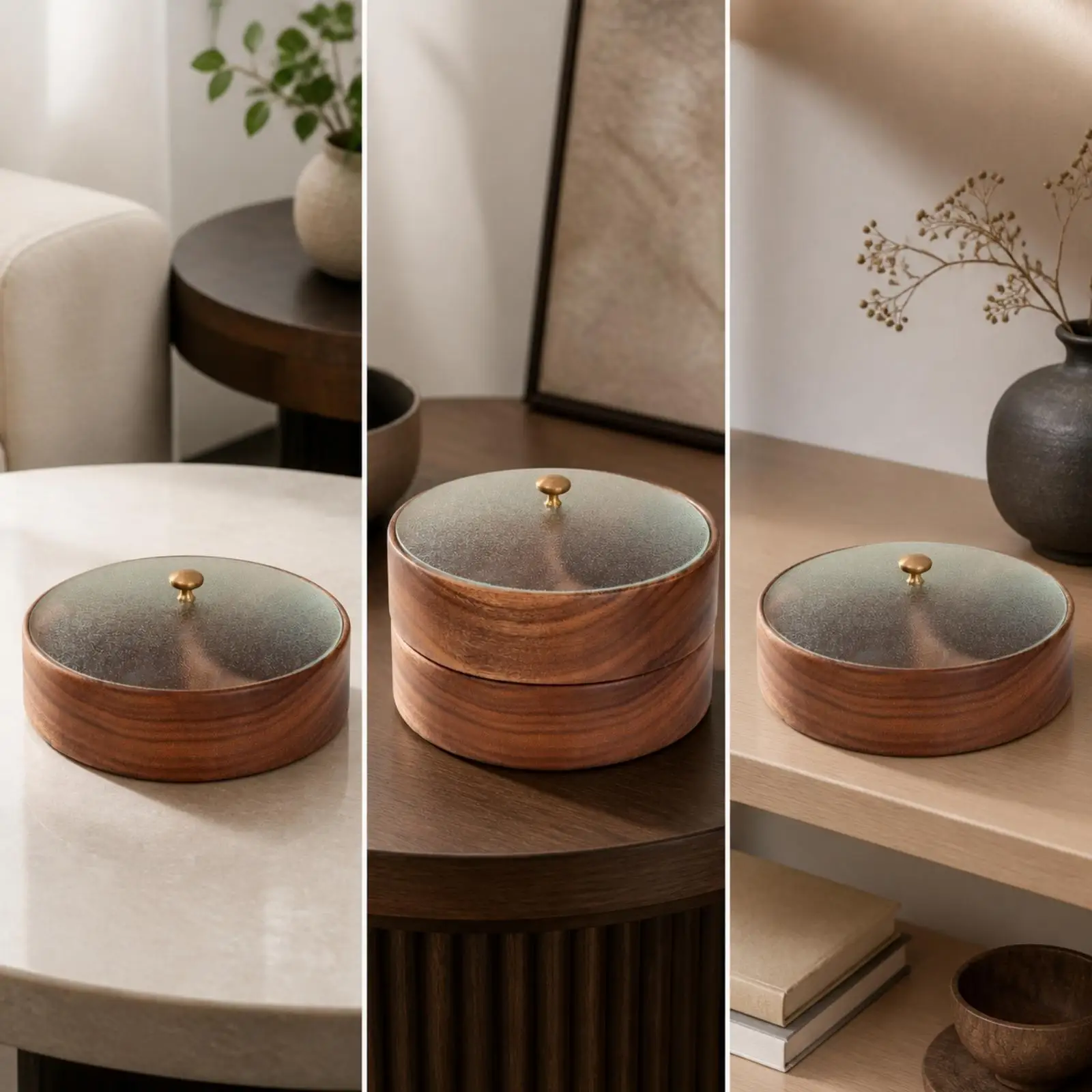Three Compartment Walnut Wood Snack Storage Box with Knobbed Transparent Cover Round Serving Tray for Candy Nuts Dry Food