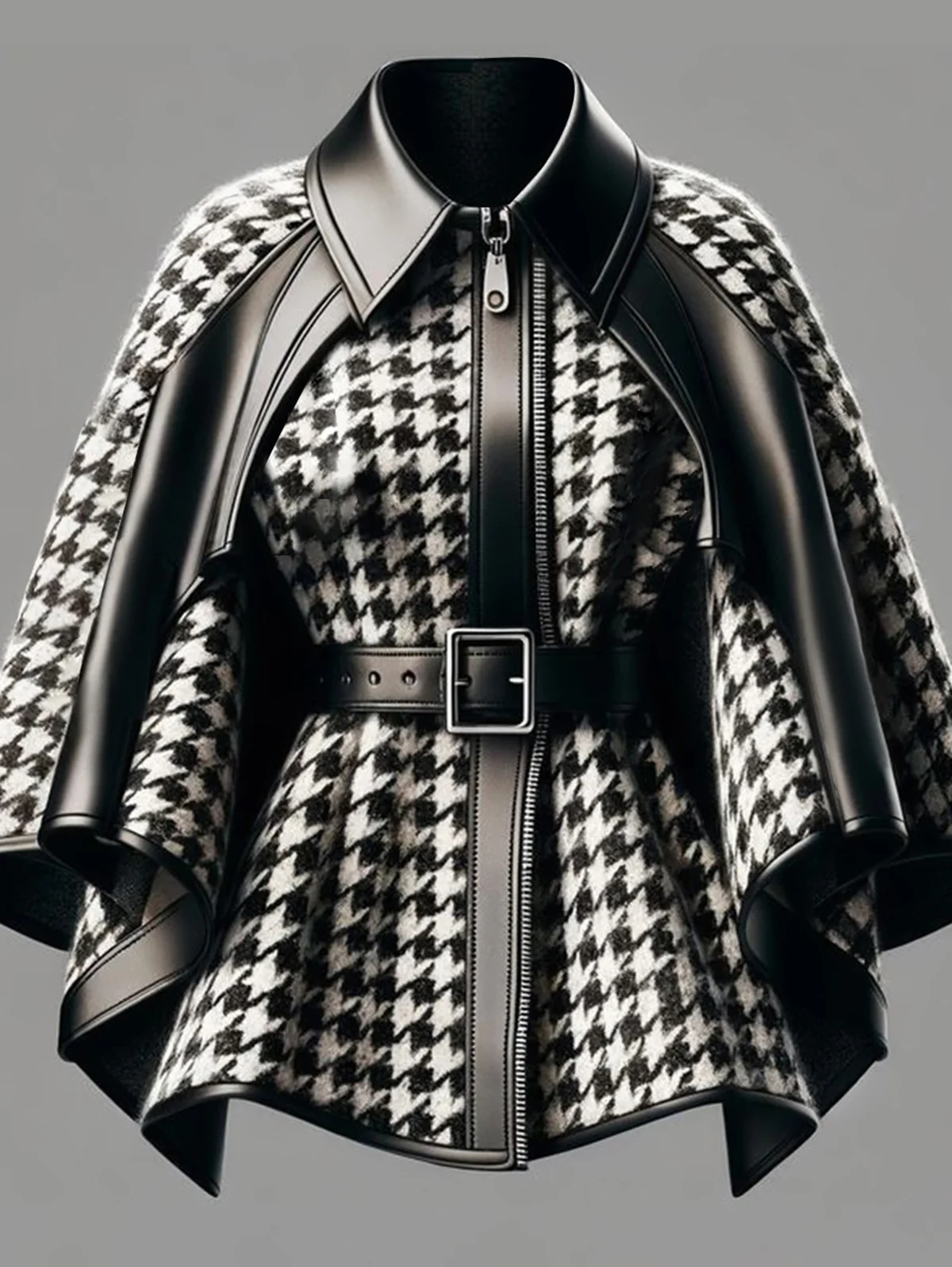 

Women Houndstooth Irregular Cape Sleeve Zipper PU Leather Coats Laper Collar Fashion Jackets Vintage Female Chic Lady Tops 2025