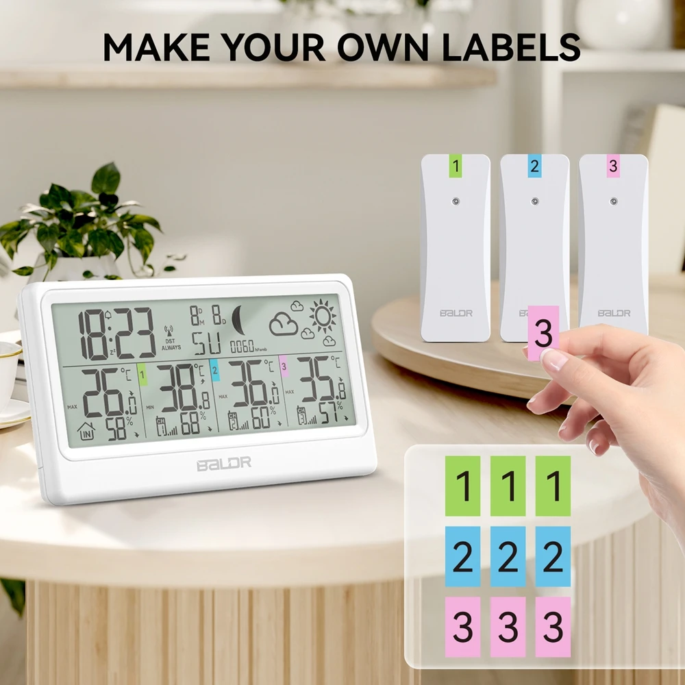 BALDR 8.5 "محطة الطقس اللاسلكية DCF التقويم ساعة تنبيه مراحل القمر الرقمية ميزان الحرارة الرطوبة توقعات الاتجاه 3 أجهزة الاستشعار #4