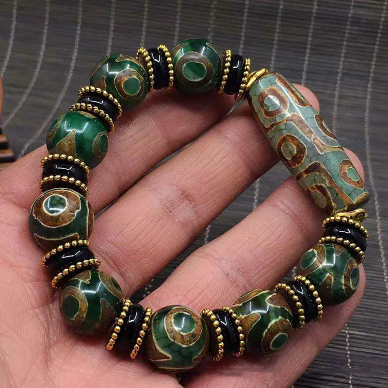 

Natural Tibetan Agate Tortoise Pattern Green Three Eye and Nine Eye DZi Bracelet Men's and Women's National Style Bracelet