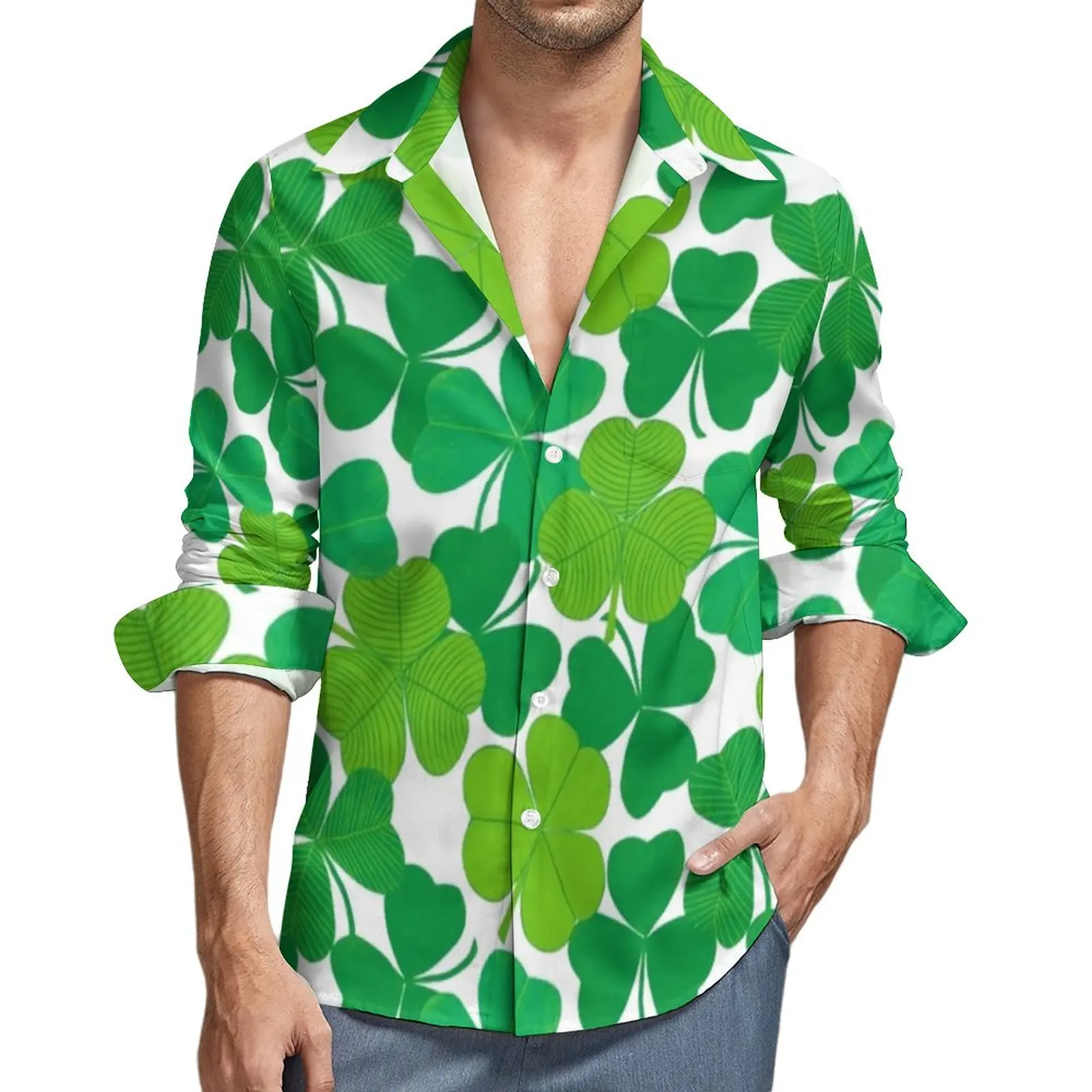 Shamrock Print Street Style Casual Shirt Men Celebrate St Patricks Day Shirt Spring Fashion Blouses Long Sleeve Oversize Tops