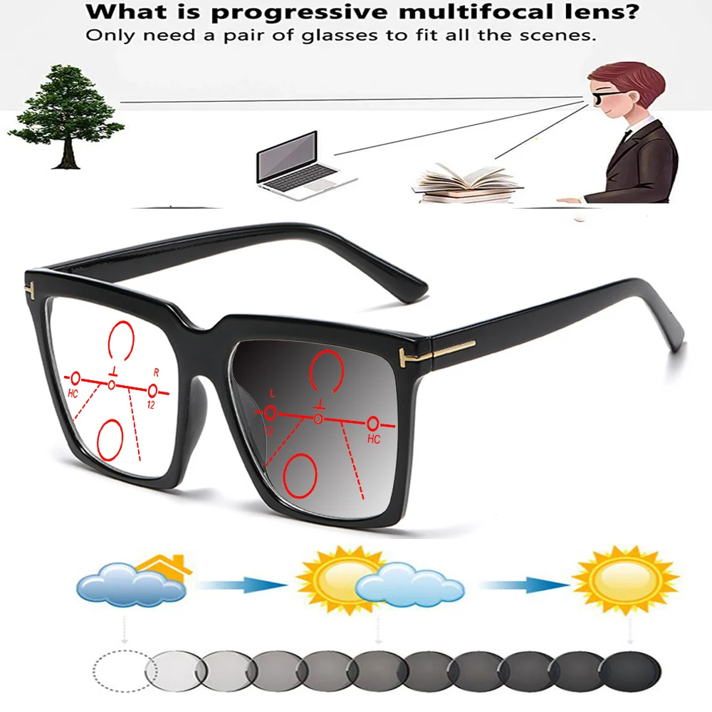 

Oversized Rectangular Outdoor Handcrafted Frame Photochromic Progressive Multifocal Reading Glasses +0.75 To +4