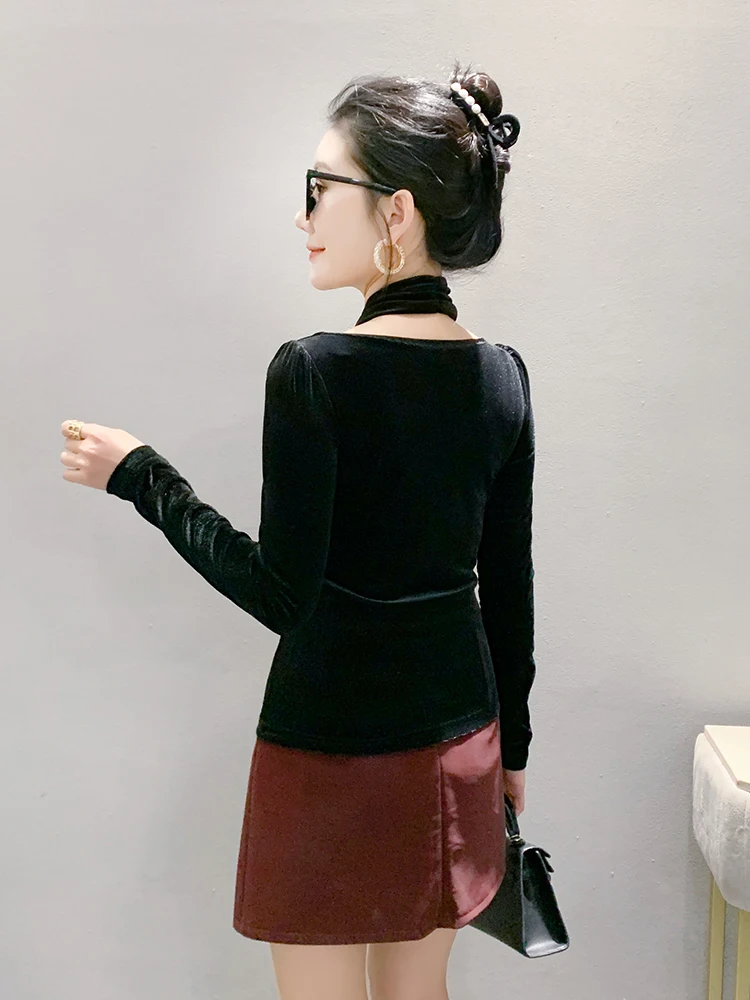 Sexy Samt-Langarmshirt für Damen, Frühlingsfest-Feier, Strass, schmal geschnitten, vielseitig, Trendy