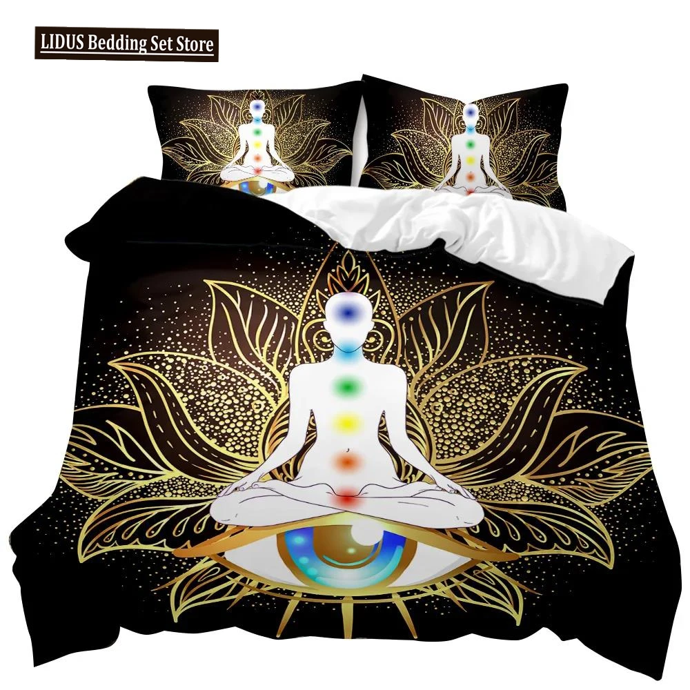 

Buddha Duvet Cover Set Indian Art Bohemian Mandala Zen Themed Bedding Set Meditation Buddhist Lotus Floral Polyester Qulit Cover