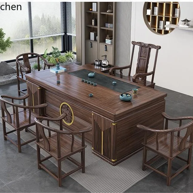 HXL Solid Wood Tea Table and Chair Set One Table Five Chairs Tea Table Set for Drinking Tea