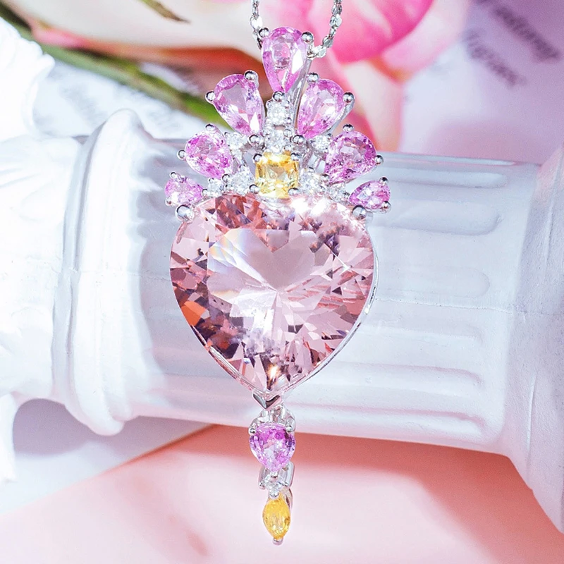 Romantic Women\'s Jewelry Sets 2022 Love Heart Shape Pink Rhinestone Crystal Pendant Necklaces Rings Birthday Gift For Girlfriend