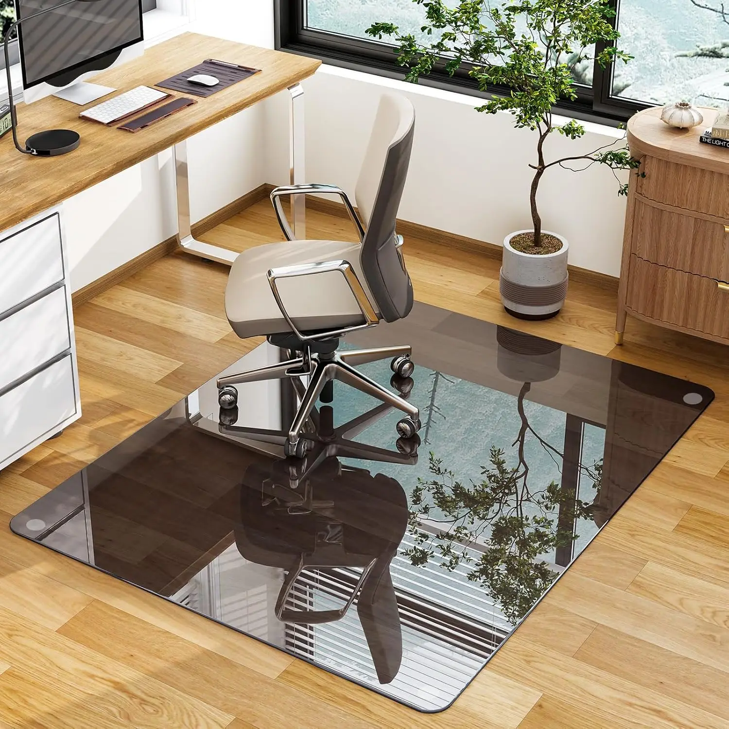 

Office Chair Mat, 36"" X 46"" Grey Tempered Glass Floor Mat For Office Chair On Carpet, 1/5"" Thi Computer Floor Mat With 4
