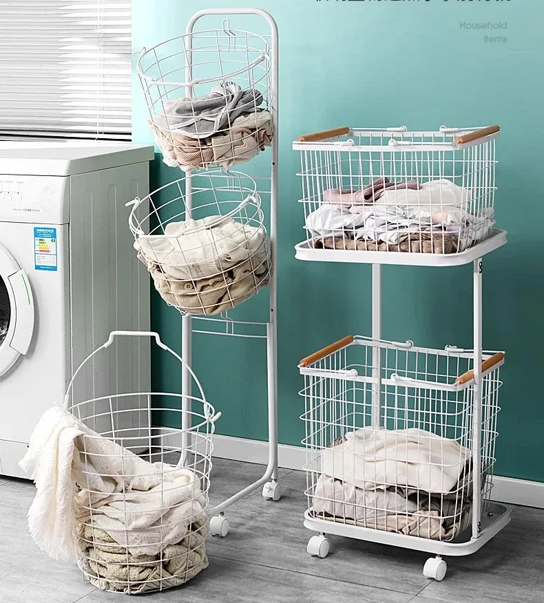 Double Layer Cloth Storage Baskets Rack Floor Stand Bathroom Clothing Storage Sundries Iron Laundry Storage Basket with Wheel