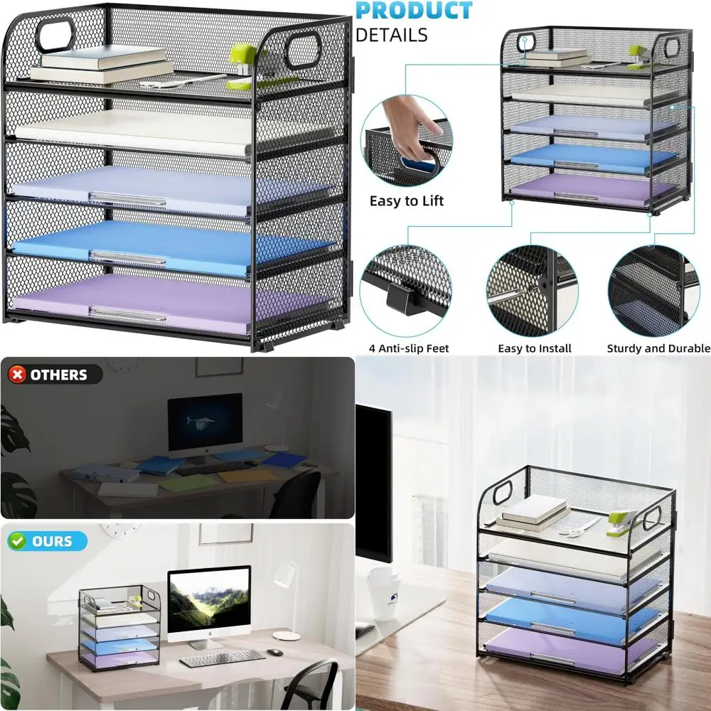 

marbrasse 5 tier paper organizer letter tray, mesh desk file organizer with handle, paper sorter desk organizer for home office