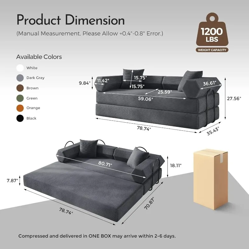 Customed Convertible Sofa Bed, Modular Floor Couch with Pull-Out Sleeper, 5-in-1 Folding Futon Sofa, Corduroy Couch