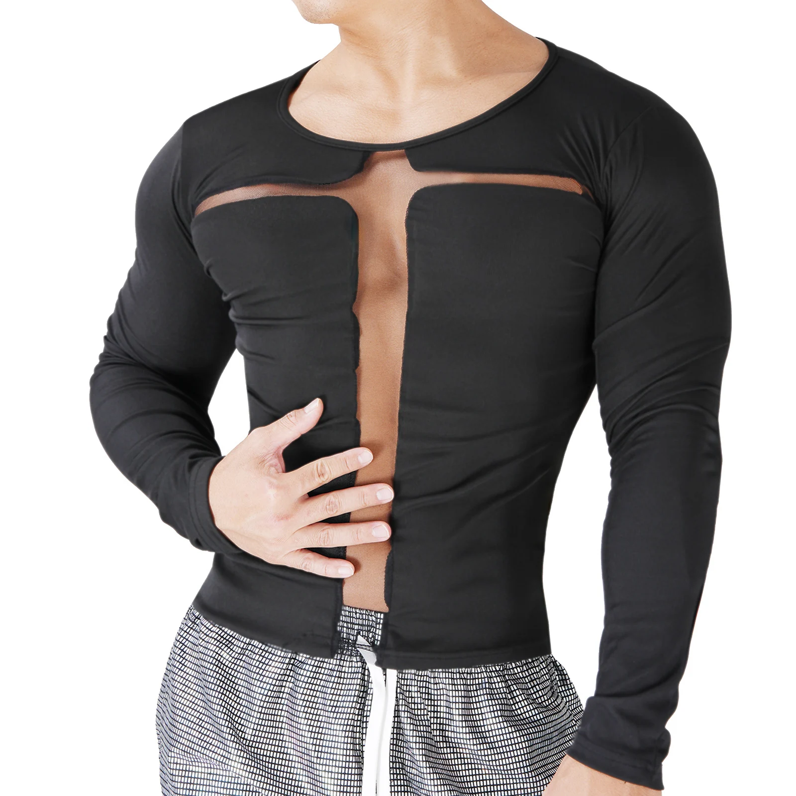 Herren Mode T-Shirt Frühling Streetwear Mesh Cross Gothic Tees Tops Lässig Y2K Herbst Langarm Hochwertig Party T-Shirt – Detail 2
