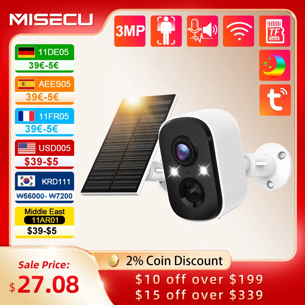 MISECU Tuya 3MP Security Battery Camera with Solar Panel Two-way Audio Wireless Outdoor Full Color Night Vision Surveillance P2P