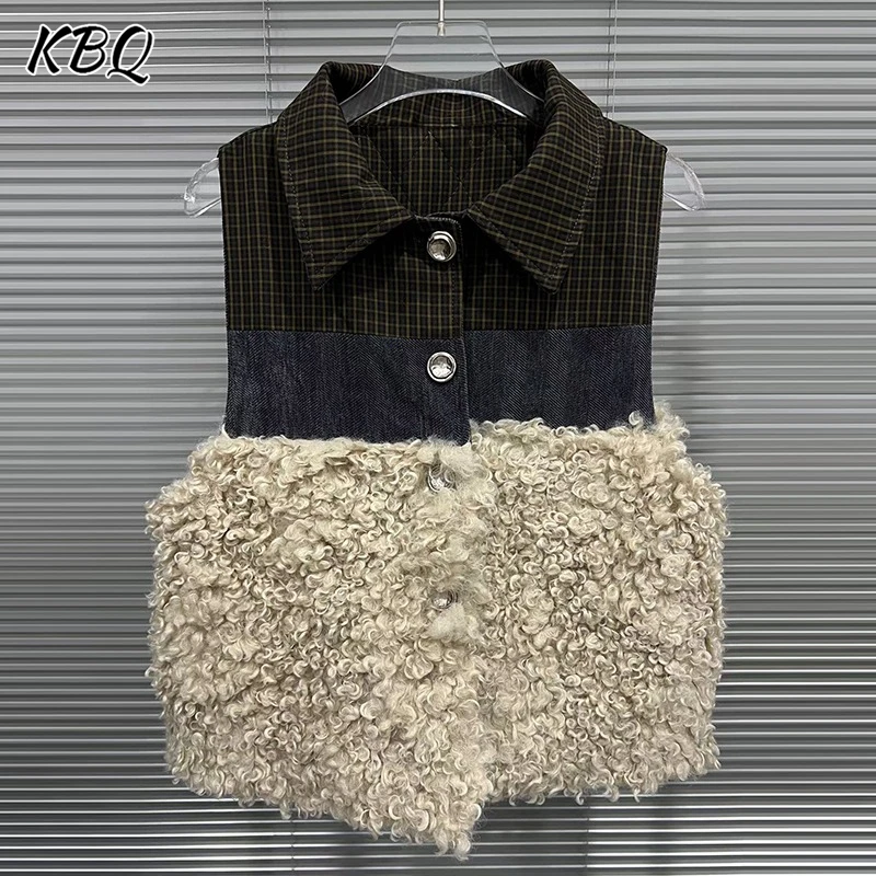 

KBQ Tempersment Hit Color Spliced Button Loose Vest for Women Lapel Sleeveless Minimalist Casual Jackets Female Autumn Fashion
