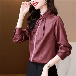 National Style Blouses Women Shirt Luxury Texture Top Satin Jacquard Standing Collar Blous Retro Button Up Shirt Chinese Blouses