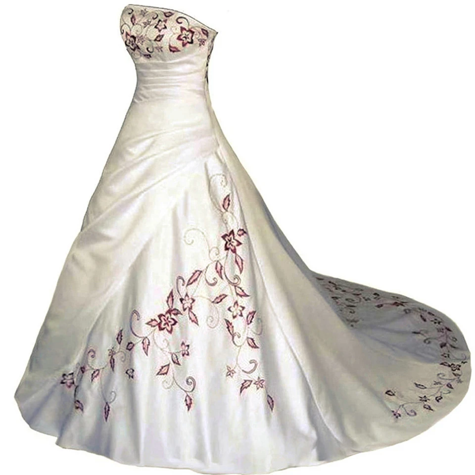 Gorgeous White/Ivory Strapless Floral Vintage Wedding Dress 2024 A-line Court Train Satin Bridal Gowns Vestido De Noiva