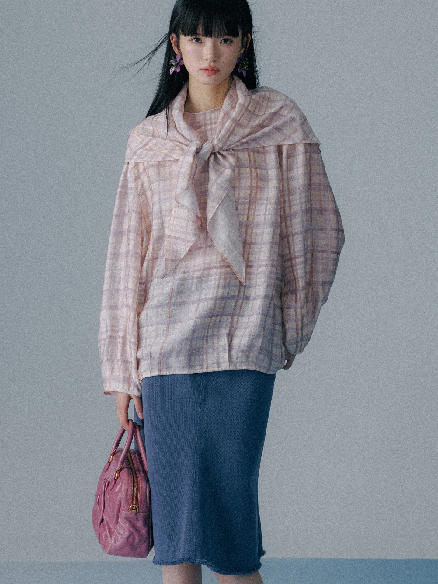 

Prochun Spring Day 3-Way Wear Design Pink Purple Plaid irt Women's French Sle Straight Cut Long Sve Button up