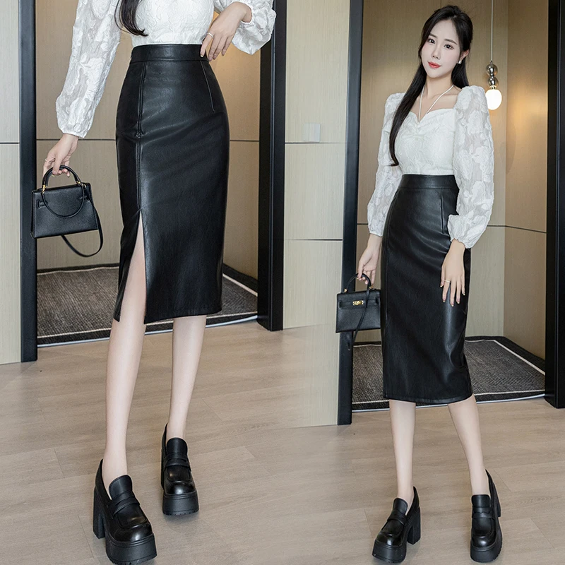 Seoulish Autumn Winter Black PU Leather Women's Wrap Skirt 2023 New High Wasit Female Straight Front Split Pencil OL Skirts