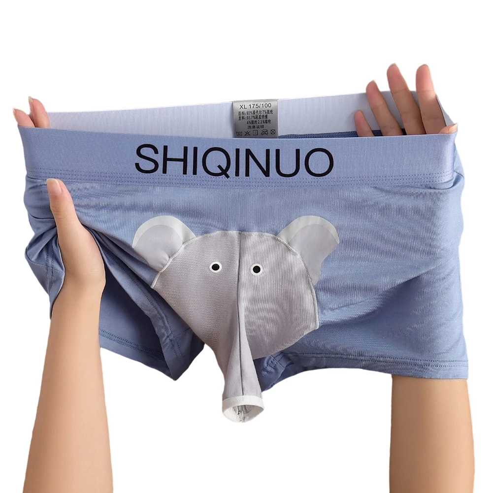 Men Cute Elephant Print Boxer Briefs Elastic Letter Waist 3D Pouch Soft Breathable Daily Sleep Home Casual Comfy Underwear Wear