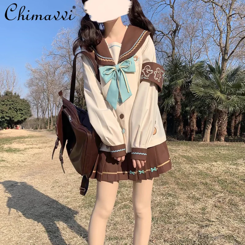 

Original JK Uniform Set Autumn New Sweet Girl Sailor Suit Japanese Student Top + Skirt Cute Navy Collar Lolita Two-piece Set