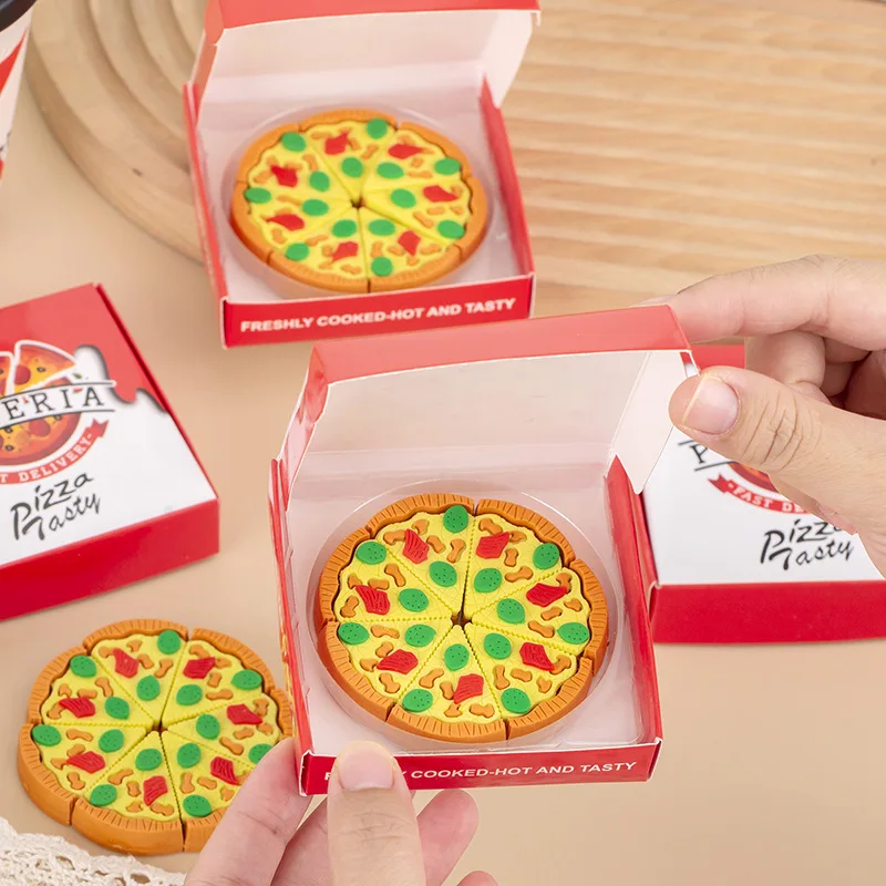 7pcs/set Festive Pizza Eraser Set Realistic Slice Toy Student Christmas Prize Box with Simulation Food Pencil Stationery Eraser
