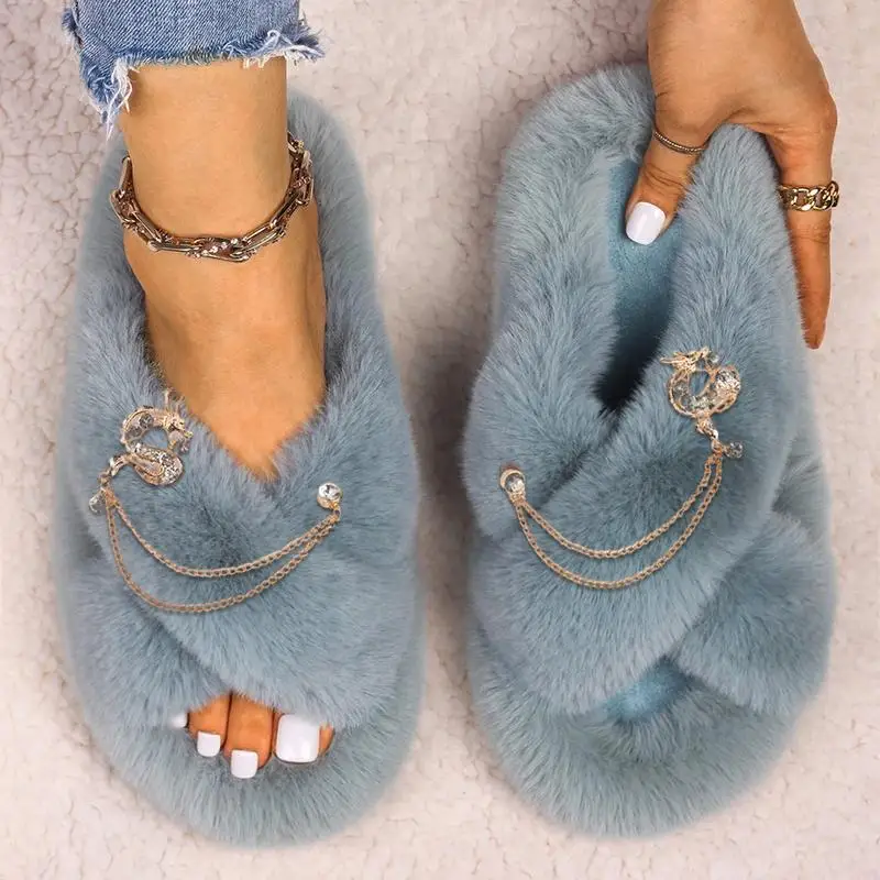 Luxury Rhinestones Dragon Chain Decor Winter Shoes for Women Fluffy Slippers Furry Indoor Slides Open Toe House Sandals Shoes