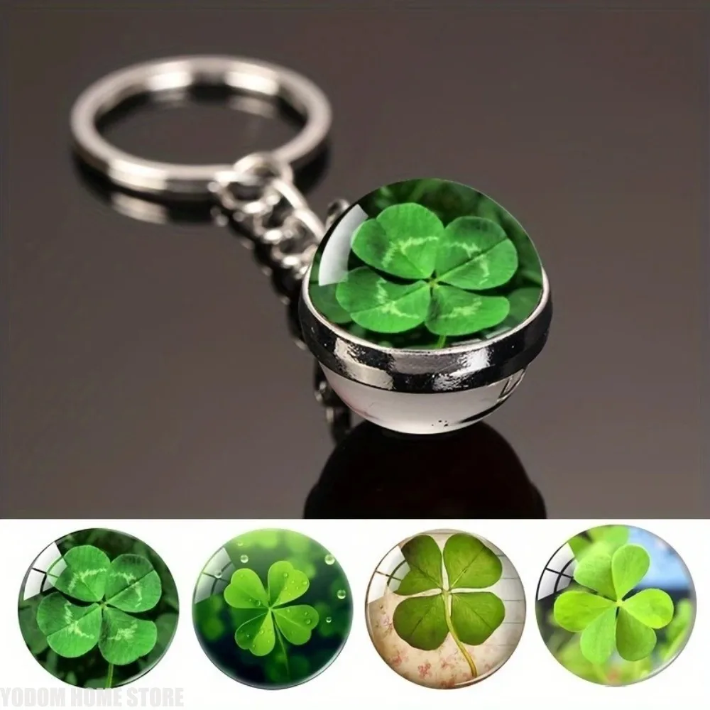 Clover Keychain Four Leaf Clover Glass Ball Double Side Pendant Metal Keyring Lucky Jewelry for Men Decoration Figurines Gift
