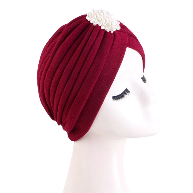 

2024 New Beads Decoration Turban Solid Color For Women Fashion Hair Wear Head Wrap Ladies Headwear Cancer Hats India Cap Bandana