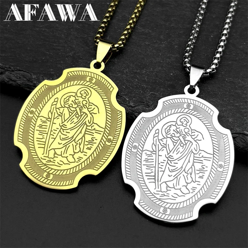 

Christian Saint Christopher Pray Us Pendant Necklace for Women Men Stainless Steel Gold Color Jesus Amulet Chain Jewelry Gift