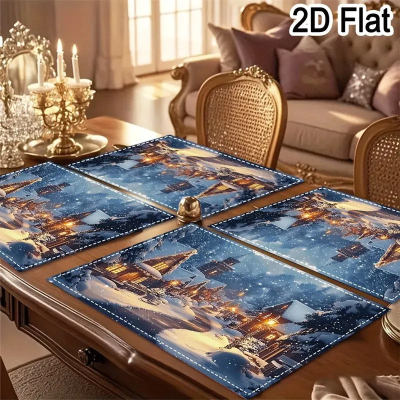VIKAMA Christmas Linen Placemat, Snowy Village Cabins Warm Lights Blue, Heat Resistant Washable, Dining Room