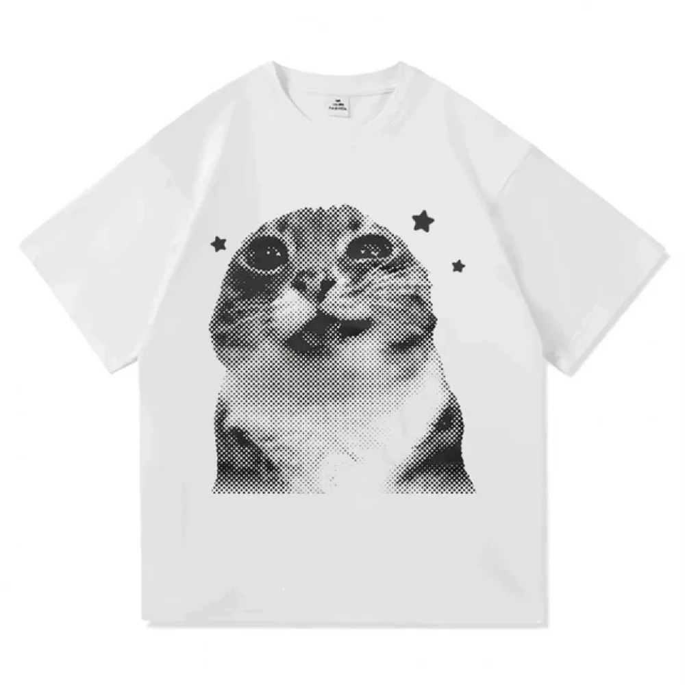 Halftone Star Cat Graphic T Shirt Men Women Retro Kitten Crew Neck Cotton Y2K Casual Streetwear Tee