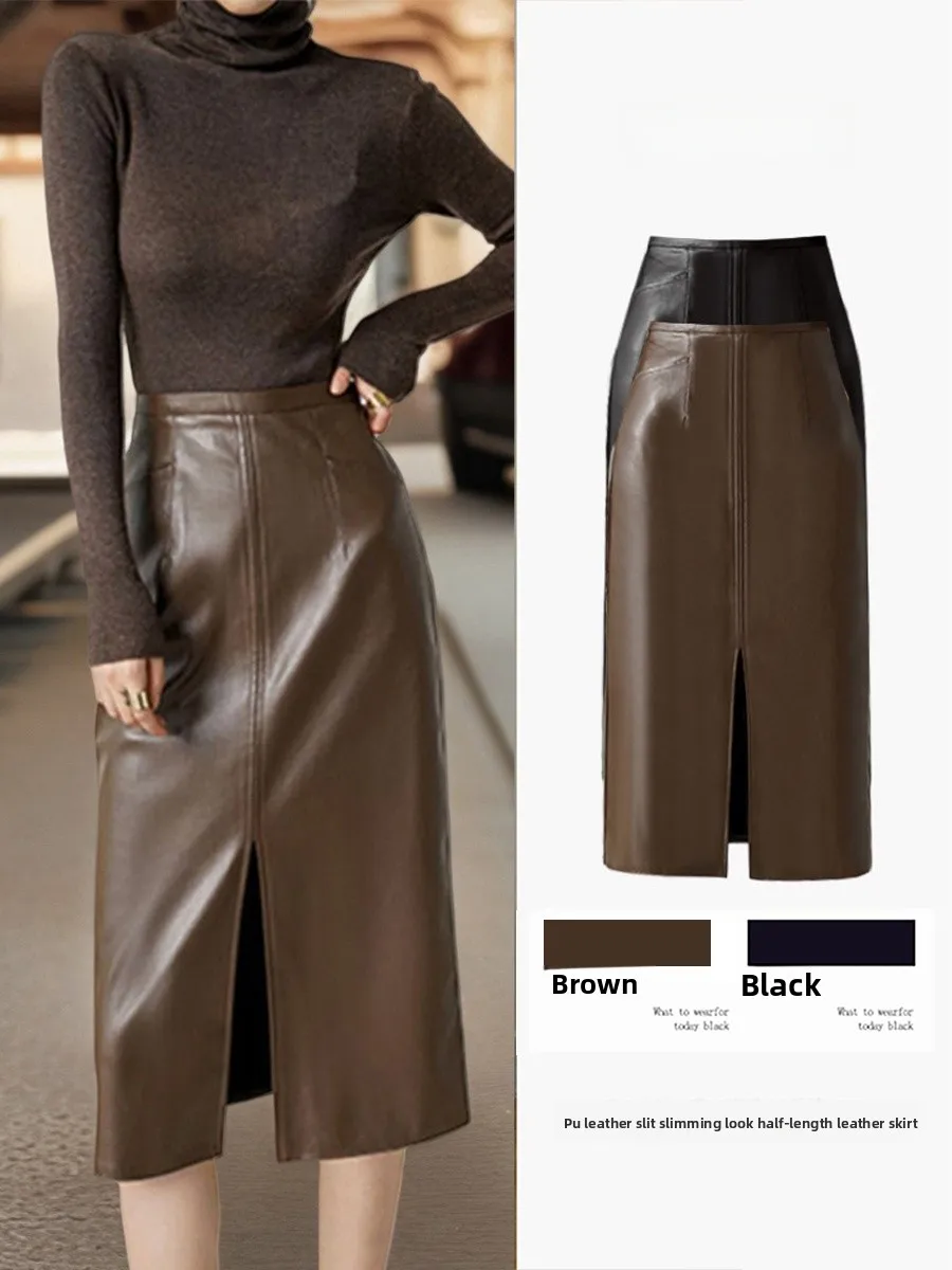 

Облегающая юбка с высокой талией и разрезом спереди для женщин, юбка из искусственной кожи Ci, повседневная одежда для поездок на работу, весна-осень-зима