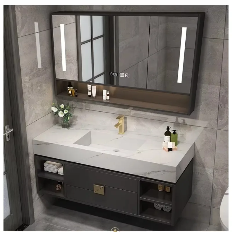 

Wall Mount/Floating Bathroom Vanity with Smart LED Mirror Cabinet Sintered Stone Vanity Top Integrated Sink