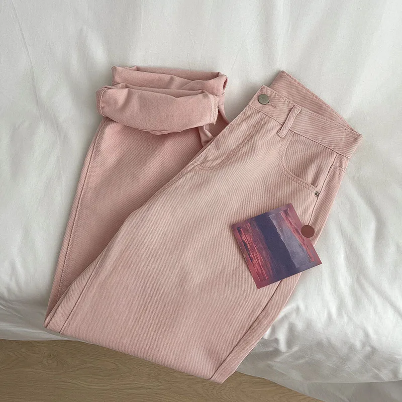 

Spring Summer Pink Jeans Women Solid Color High-Waisted Wide Leg Pants Casual Fashion Loose Simple Denim Trousers