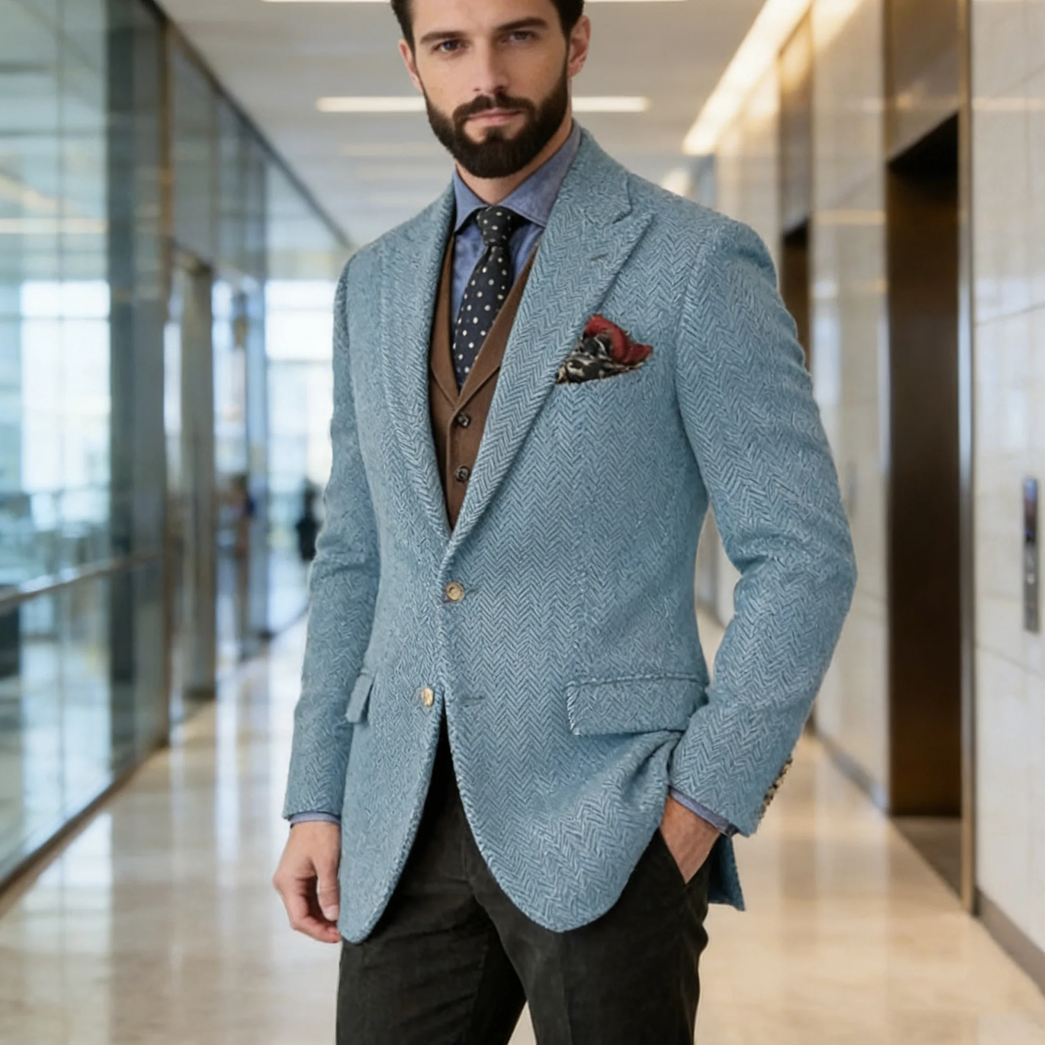 

Herringbone Men's Suit Tweed Blazer Vintage 2 Buttons Notch Lapel Classic Fit Flap Pocket Sport Coat Wool Blend Business Casual