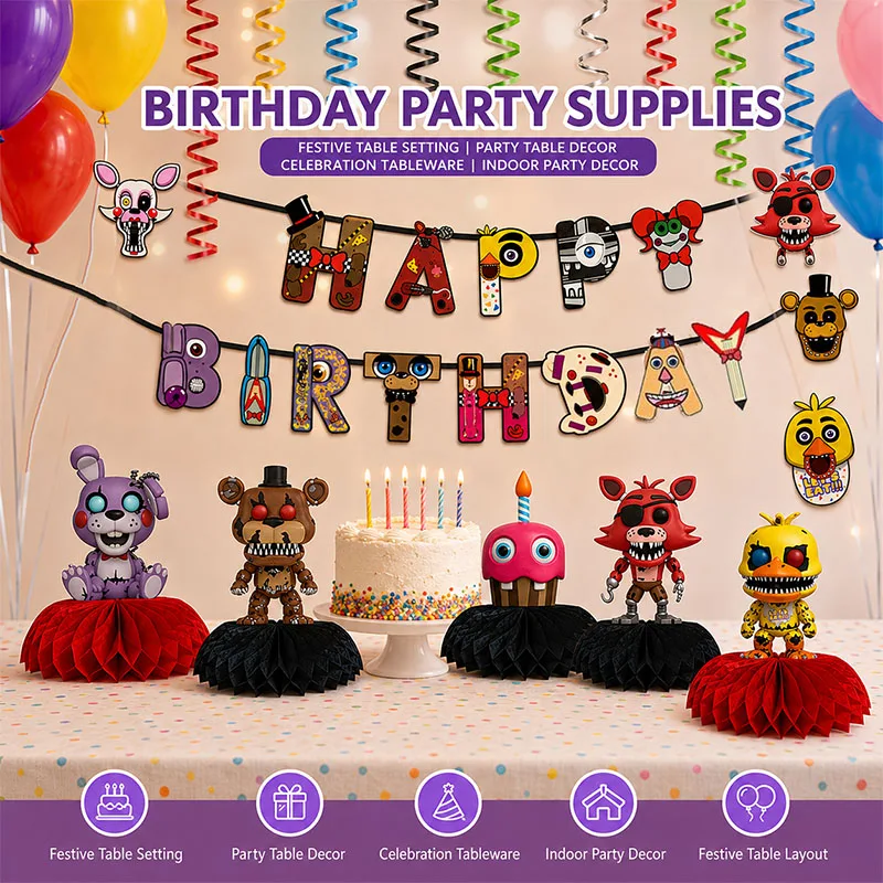 Fournitures de décoration pour événements d'anniversaire : Ensemble de décoration suspendue et de décoration de table sur le thème du jeu Five Nights At Freddy's, comprenant une guirlande spirale en nid d'abeille
